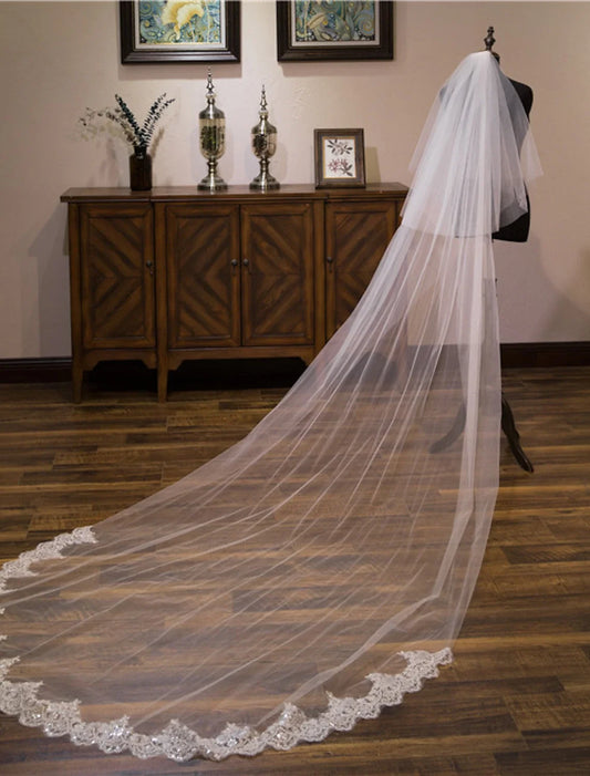 - Double layer lace wedding dress cathedral veil with sequins/embroidery chiffon dress leaving a deep impression in 2026