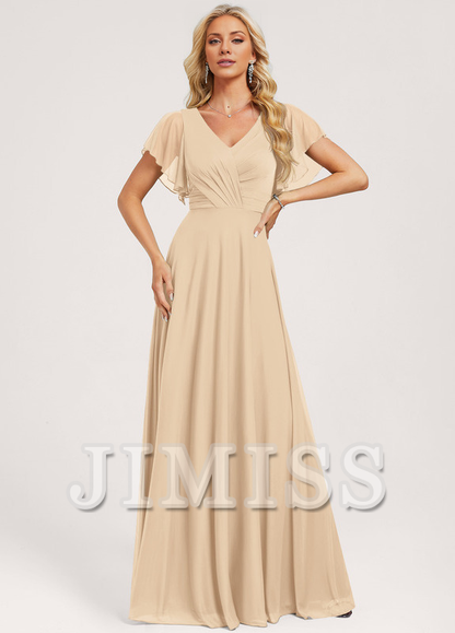 Ruffled A-line V-neck Floor-length Mesh Bridesmaids Dress