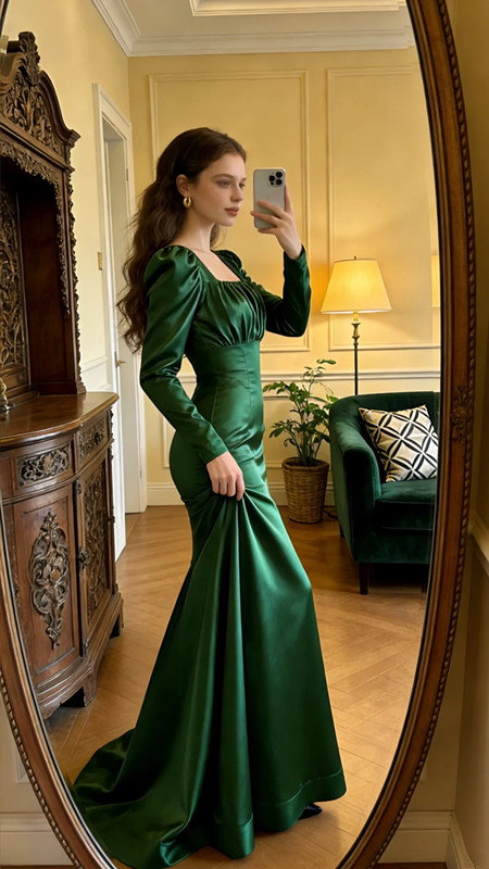 Green square neckline, fitted waist, slimming and sexy long ball gown R8616