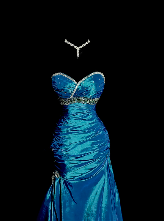 Blue strapless, fitted waist, pleated hips, long fishtail skirt, ball gown R8102
