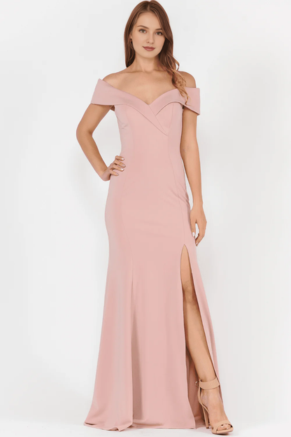Front slit fit long off shoulder plain knit dress