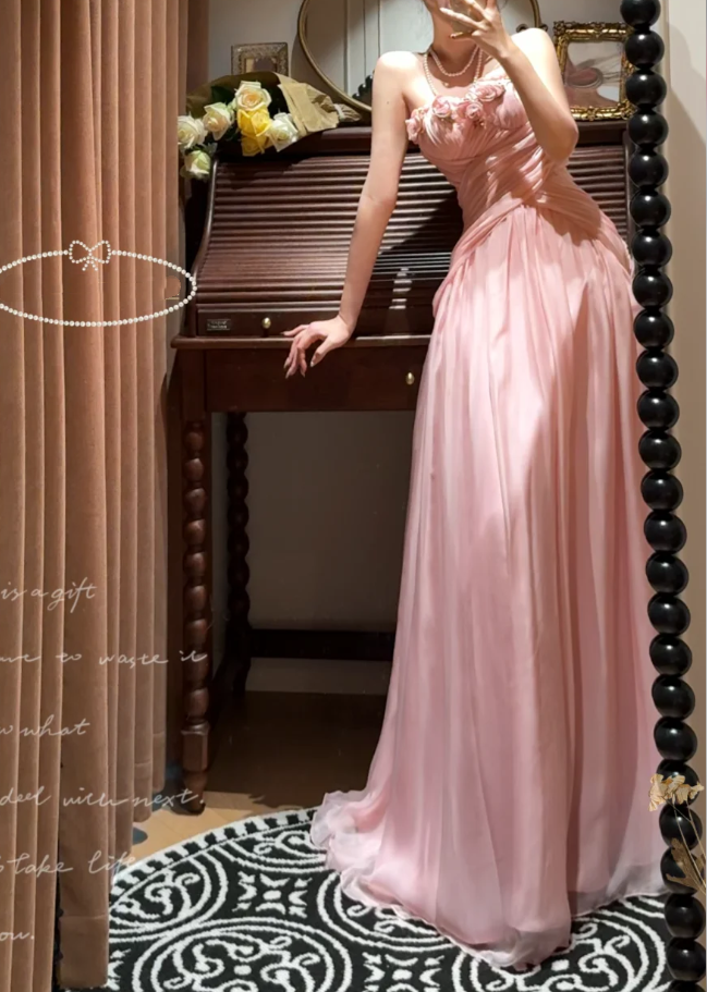 Pretty Flowers Strapless Pink Chiffon Mermaid Evening Dress Prom Gown Long Wedding Guest Dress