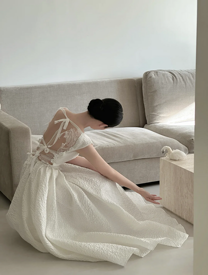 White spaghetti strap, waist-cinched, slim-fit, full-skirt prom dress, wedding dress R7959