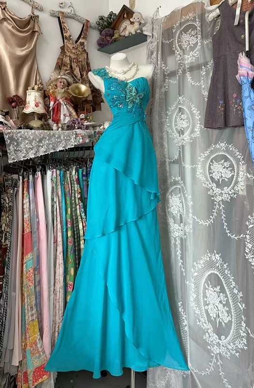 Lake blue one-shoulder fitted waist elegant long ball gown R7800