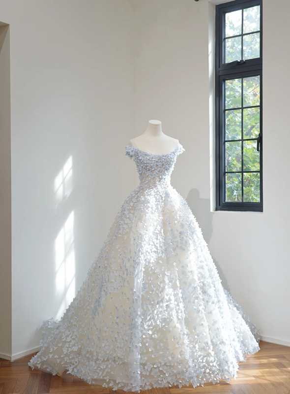 Light blue floral appliqué strapless fitted waist ball gown/bridal dress R8458