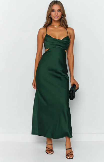 collar neckline thin shoulder strap backless satin long Prom dress
