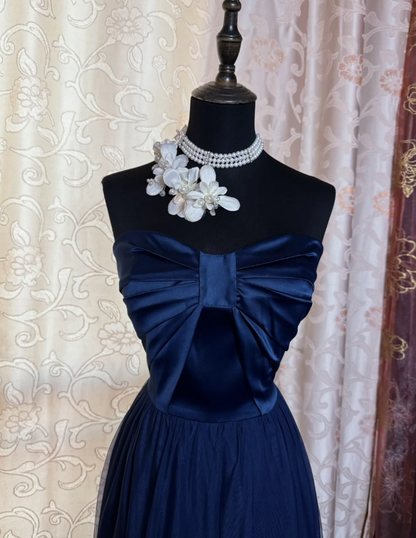 Simple Strapless Satin Tulle A Line Long Wedding Guest Dress Navy Blue Evening Dress Prom Gown SP1620