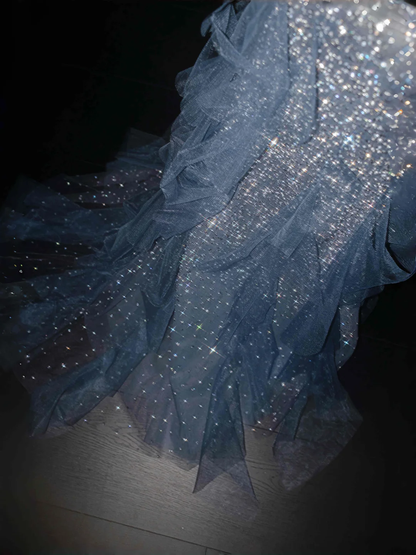 Gorgeous Blue Tulle Sequins Beaded Ruffles Mermaid Prom Dress,Formal Evening Dress Wedding Dress Y8671