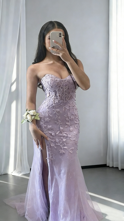 Classy Strapless Lilac Tulle Appliques Mermaid Slit Long Party Dress 19th Birthday Outfits SP1869