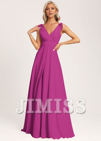 A-link V-neck and ground chiffon bow bridesmaid dress