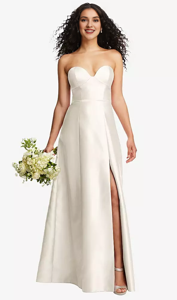 Front slit strapless tight corset A-line satin Prom dress