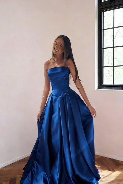 Classy Burgundy Strapless Satin Pleated Long Evening Dress Formal Wedding Guest Dress SP1732