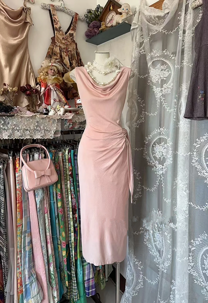Light pink sleeveless halter neck fitted long ball gown R7839