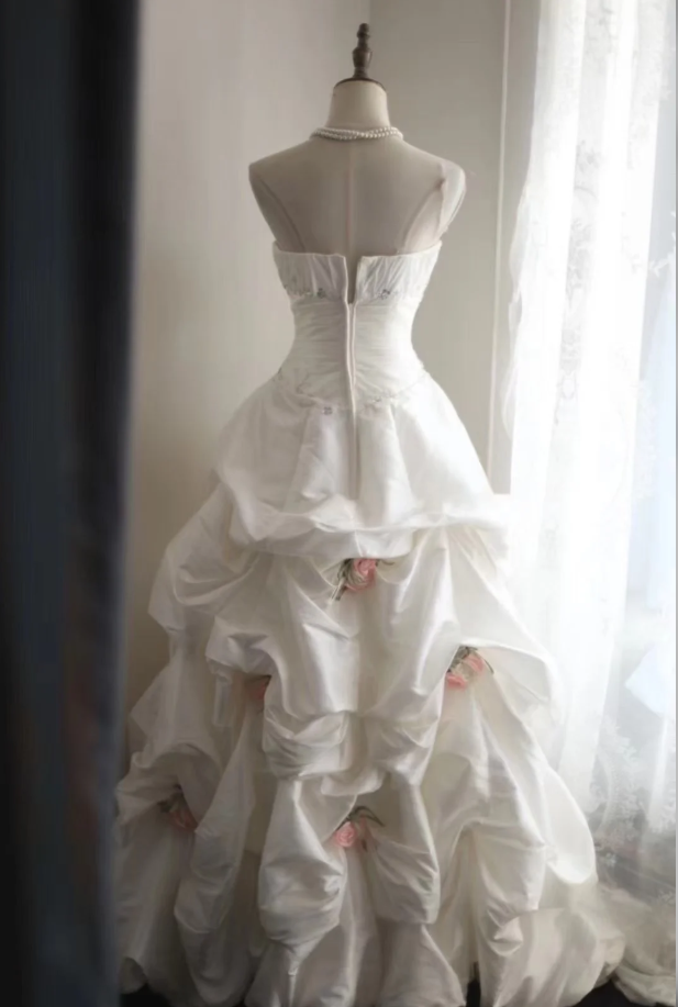 Elegant Strapless Ball Gown White Satin Pleated Floral Long Wedding Dress