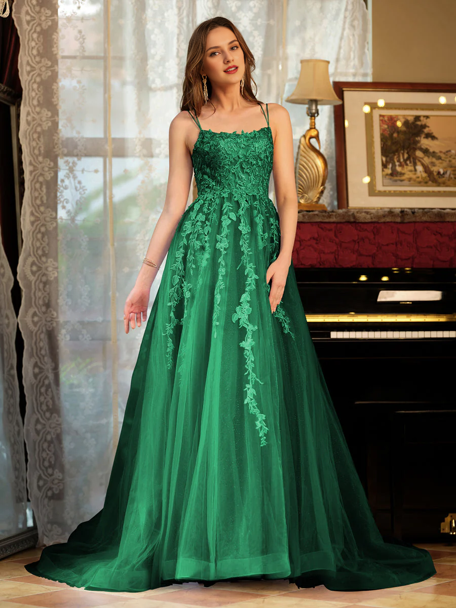 A-line princess chiffon thin shoulder strap embroidered long ball dress