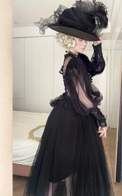 Dark Gothic Lace Tulle High Neck Long Sleeve Floor-length Ballgown Victorian Gothic Evening·Theme Party Dress gh6741