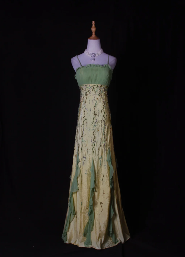 Chic Spaghetti Straps Yellow-green Satin Beaded Mermaid Long Party Dress Birthday Evening Gown With Ruffles