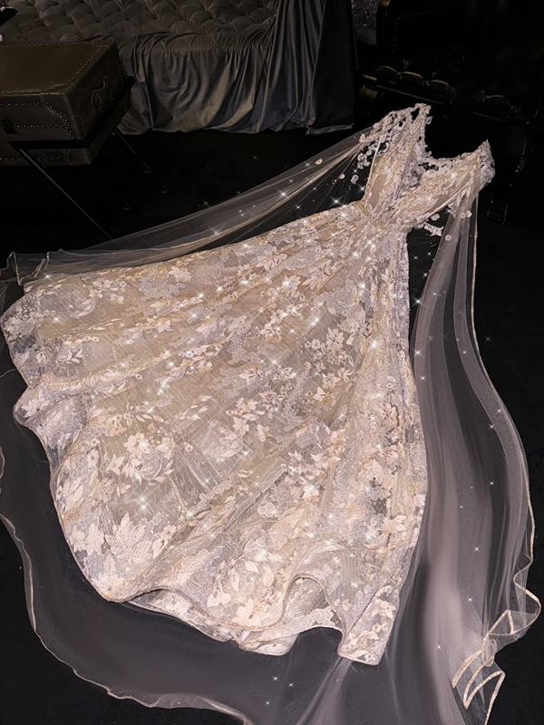 Light apricot lace V-neck fitted waist long ball gown/bridal dress R8739