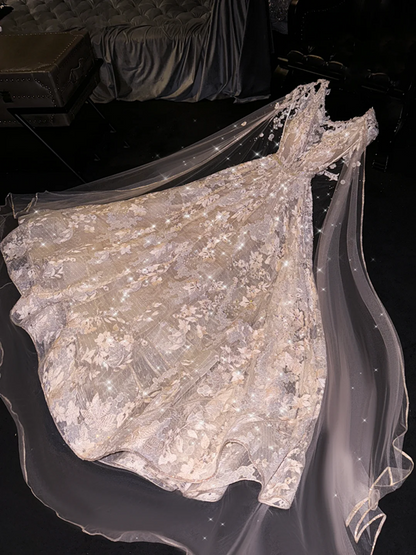 Light apricot lace V-neck fitted waist long ball gown/bridal dress R8739