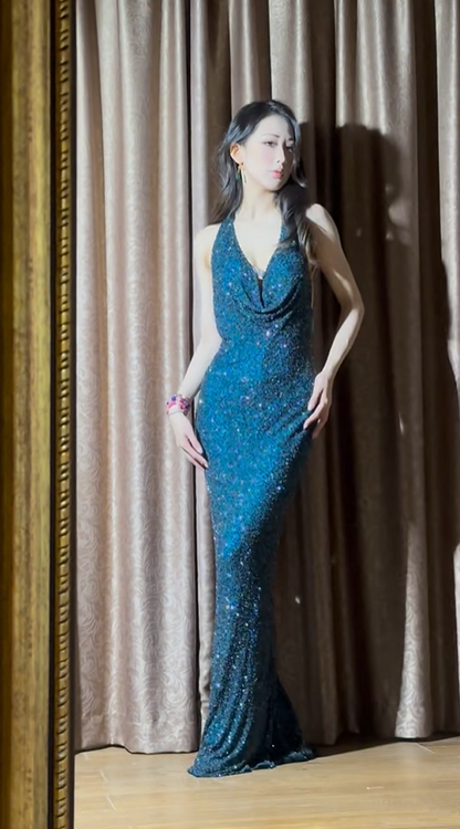 Deep blue sequined halter neck fitted waist sexy ball gown R8056