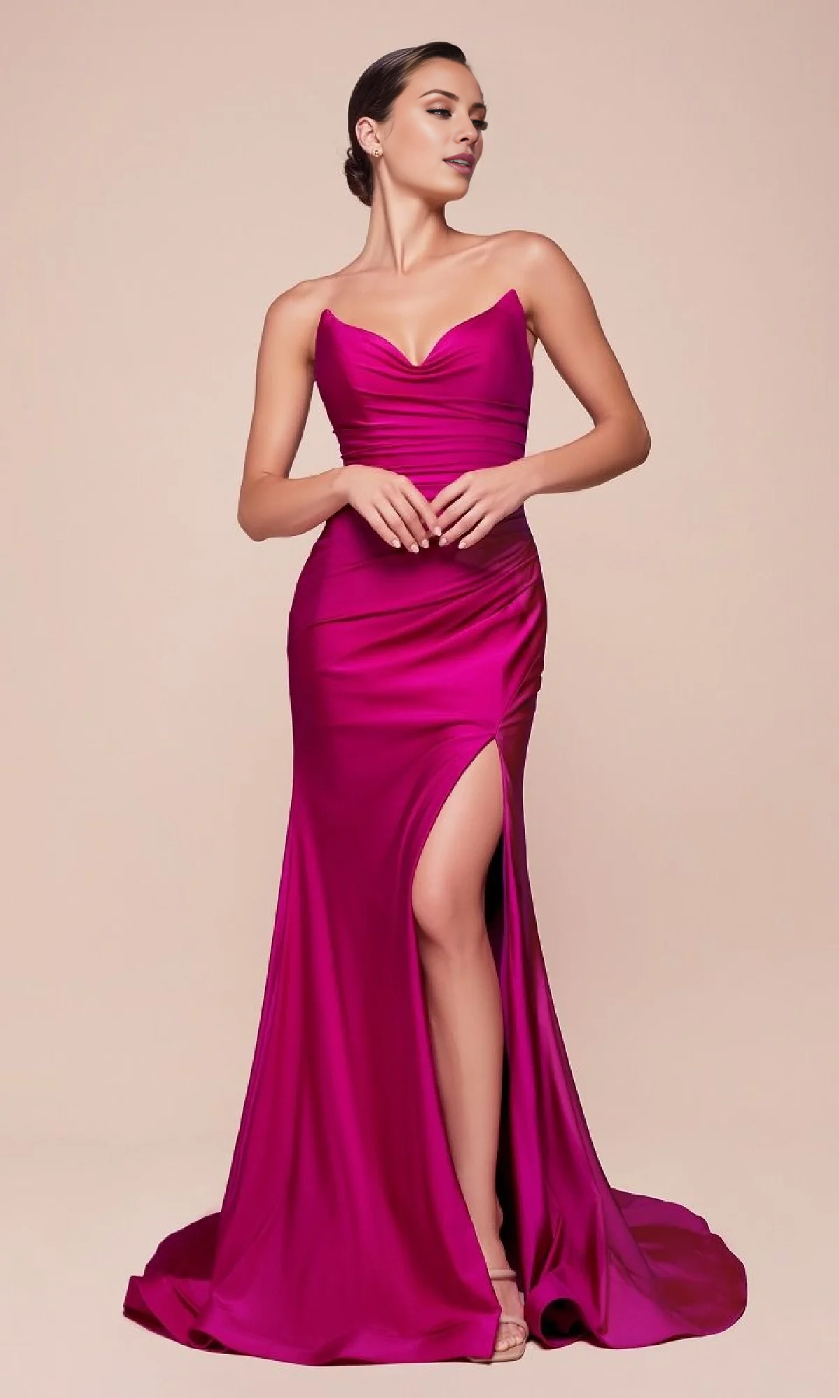 off shoulder collar strapless backless side slit and floor length evening dress