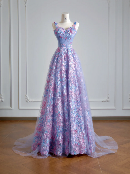 Purple floral halter-neck fitted A-line long ball gown R8146