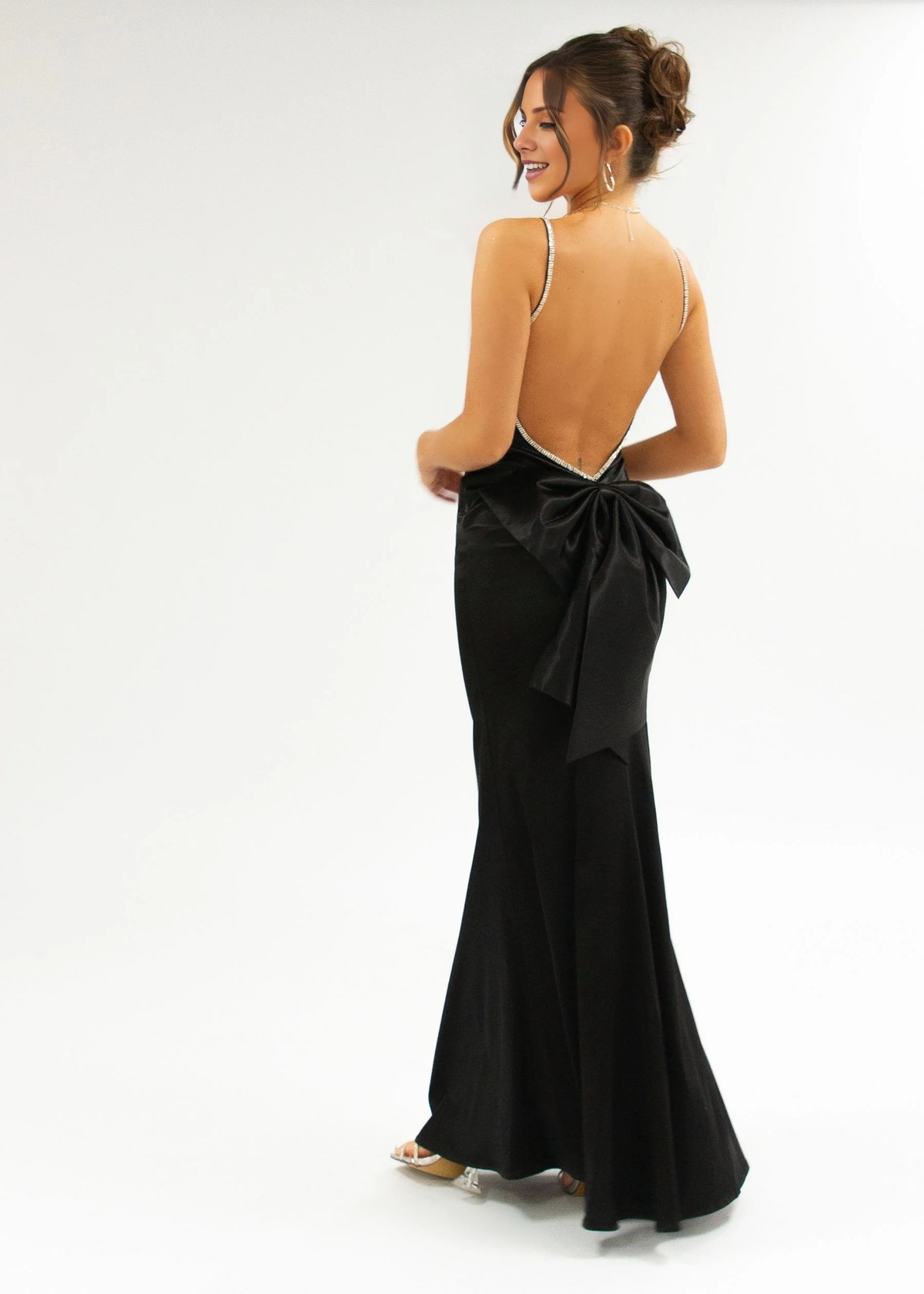 thin shoulder strap satin backless bow details Prom dress