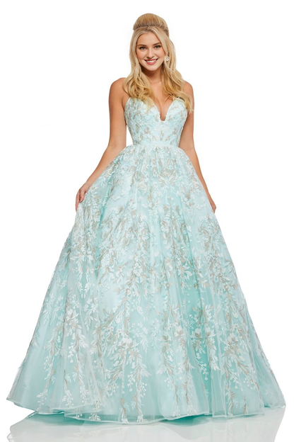 A-line V-neck sheer lace applique thin shoulder strap and floor length evening dress