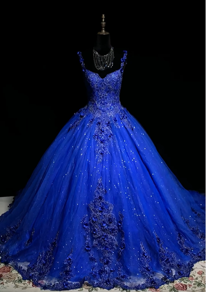 Blue halter-neck fitted dress with a full skirt, elegant princess ball gown R8676