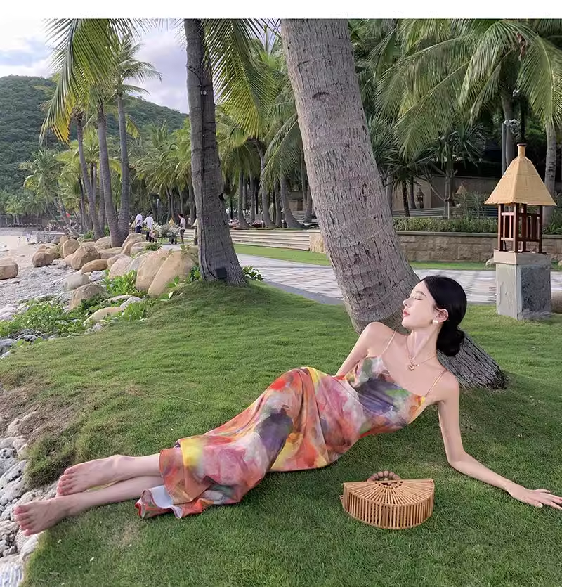 Simple New Painting Style Floral Design Elegant Beach Holiday Spaghetti Strap Dress TP3019