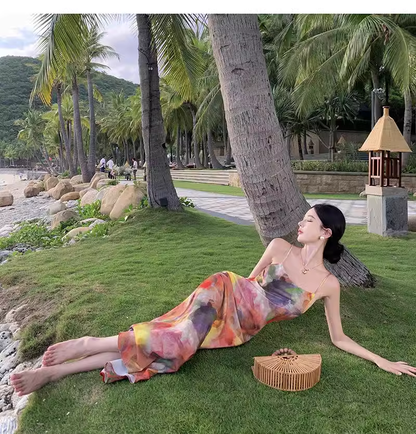 Simple New Painting Style Floral Design Elegant Beach Holiday Spaghetti Strap Dress TP3019