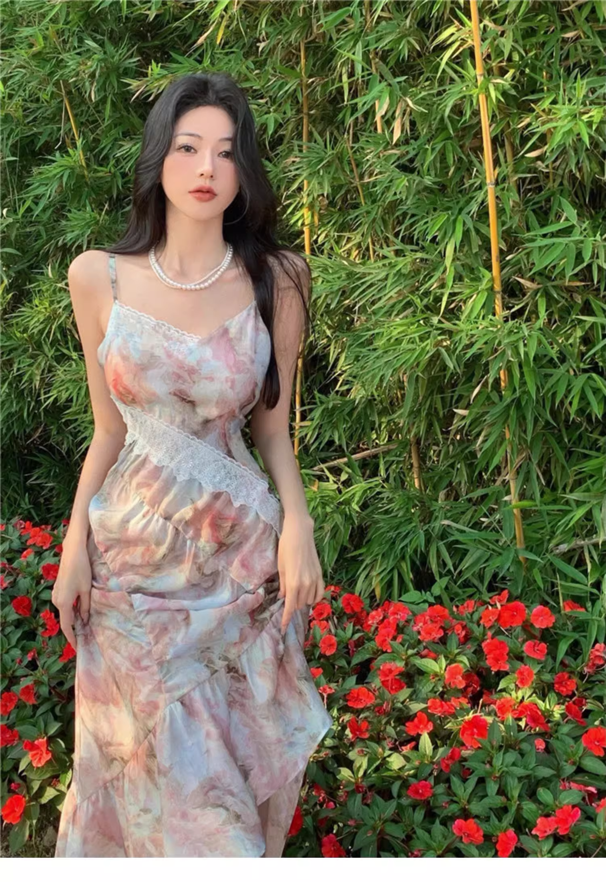 New Fashion Elegant Floral Design Mermaid Spaghetti Strap Dress TP3021