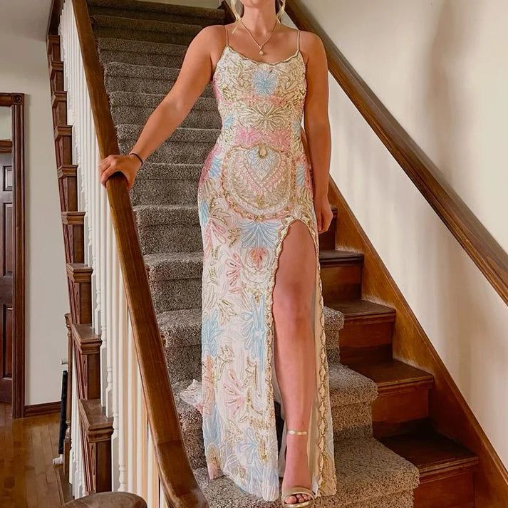 (out of stock)White gorgeous shiny exquisite beaded spaghetti strap sequined backless long chiffon ball gown prom dress evening gown holiday party dress gh2799