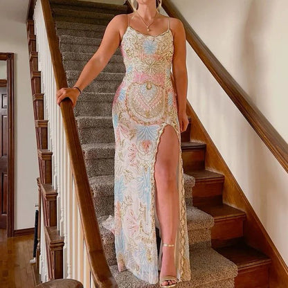 (out of stock)White gorgeous shiny exquisite beaded spaghetti strap sequined backless long chiffon ball gown prom dress evening gown holiday party dress gh2799