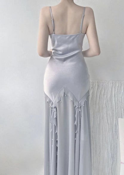 Silver Blue Vintage Fashion Elegant Exquisite Beading Mermaid Spaghetti Strap Satin Long Prom Gown Party Dress gh3684