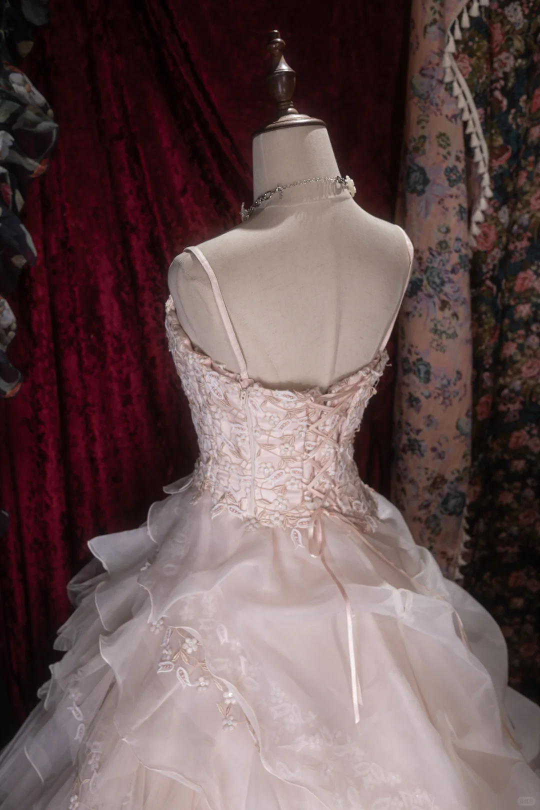 Gorgeous Pink Spaghetti Strap Lace Applique Ruffled Tulle Formal Ball Gown TP5791
