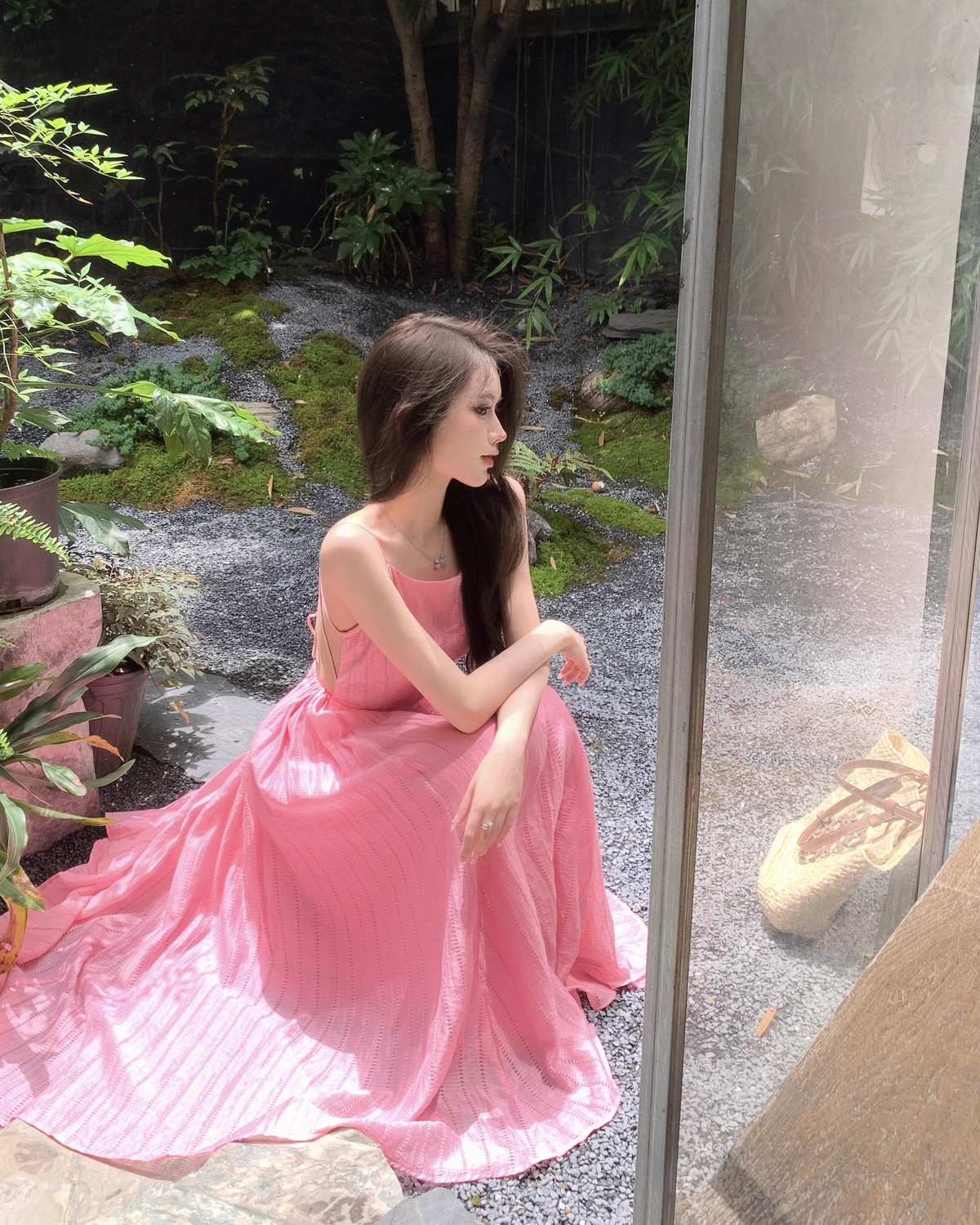 Simple Fashion Rose Pink Backless Loose-fitting Design A-line Spaghetti Strap Dress TP3424