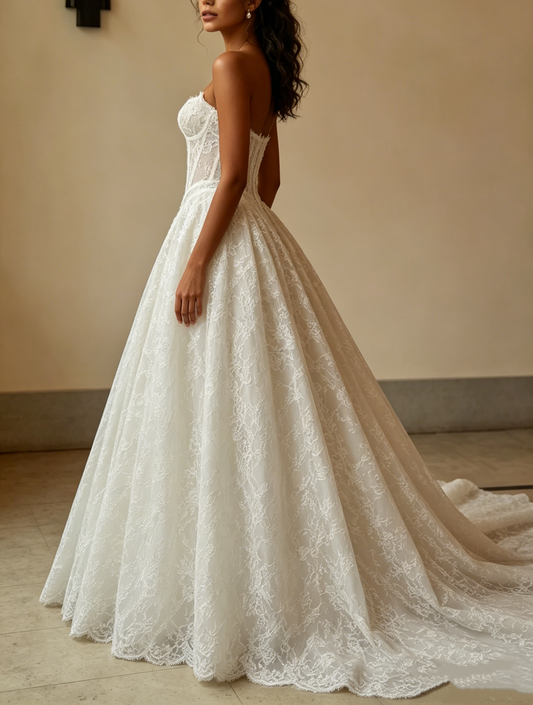 Classic Ivory Strapless Sweetheart Corset Bodice Floral Lace A-Line Wedding Dress TP5918