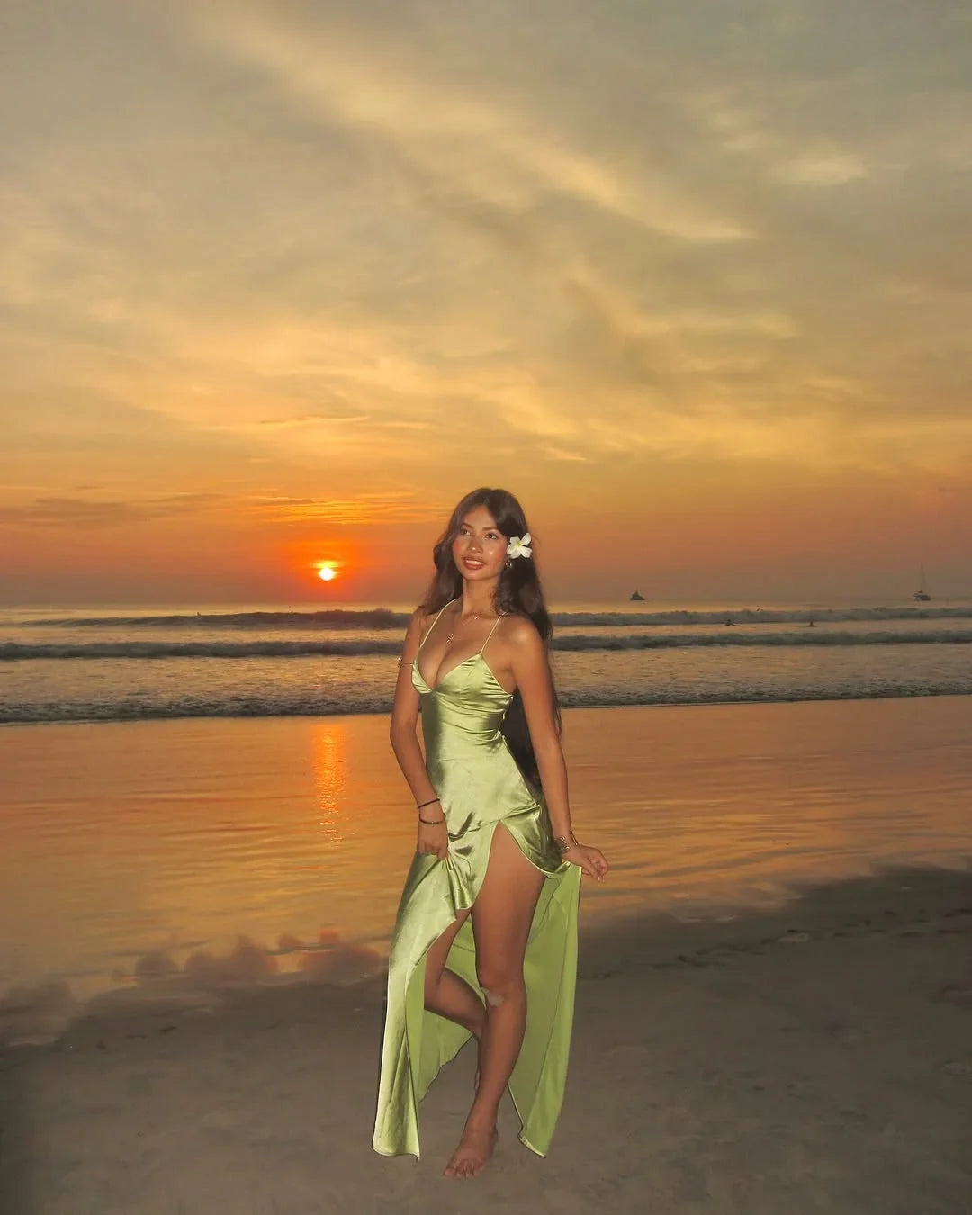 thin shoulder strap side slit V-neck lace up summer ball dress