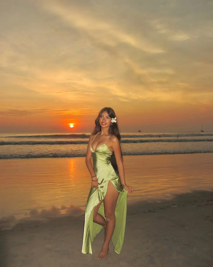 thin shoulder strap side slit V-neck lace up summer ball dress