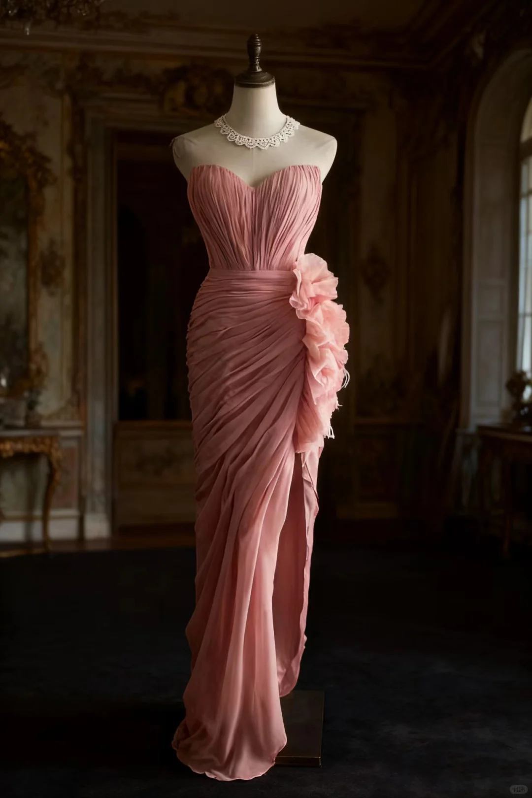 Vintage Pink Strapless Chiffon Gown Ruffled Prom Dress TP5648