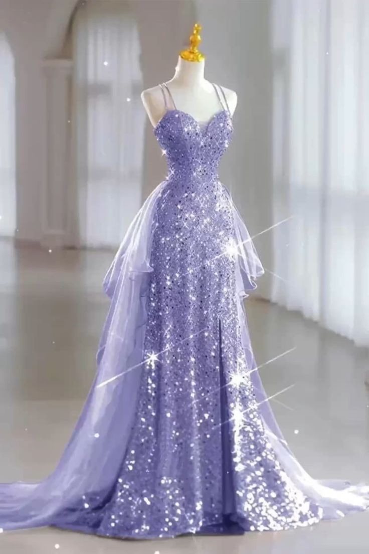 Vintage Lilac Sequin Spaghetti Strap A-Line Evening Gown TP5181