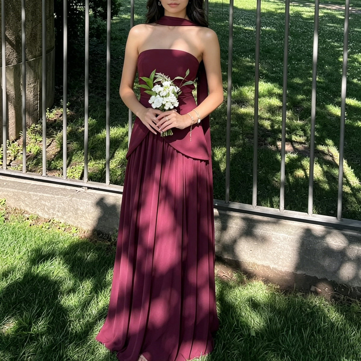 Vintage Burgundy Strapless Chiffon A-Line Floor-Length Evening Gown TP5849