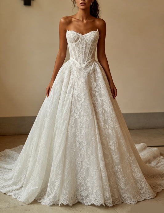 Classic Ivory Strapless Sweetheart Corset Bodice Floral Lace A-Line Wedding Dress TP5918