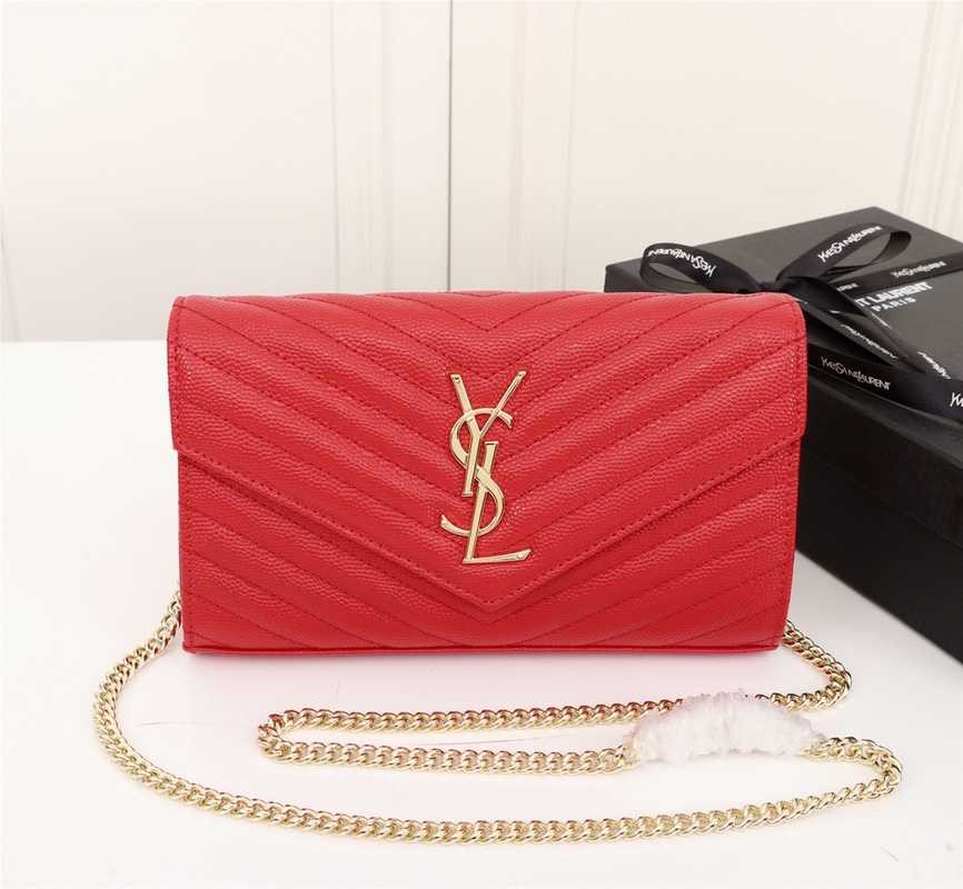 SAINT LAURENT CASSANDRE MATELASSÉ ENVELOPE CHAIN WALLET IN GRAIN DE POUDRE EMBOSSED LEATHER OPYUM RED 695108BOW016008