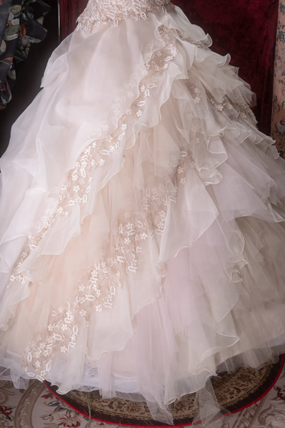 Gorgeous Pink Spaghetti Strap Lace Applique Ruffled Tulle Formal Ball Gown TP5791