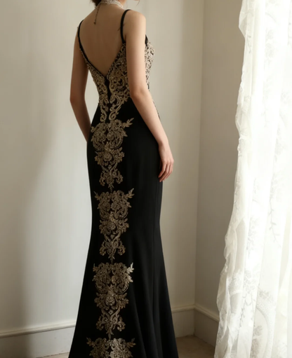 Elegant Black Mermaid Evening Gown with Champagne Lace Applique & High Slit TP5634