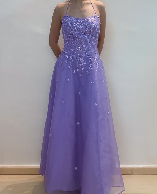 Girlhomeshops--Purple exquisite floral strap fashion long tulle floor-length ball gown graduation dress gh5519