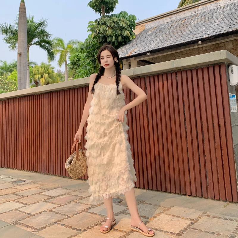New Fashion Tassels Design Pink Beach Elegant Spaghetti Strap Dress TP2965