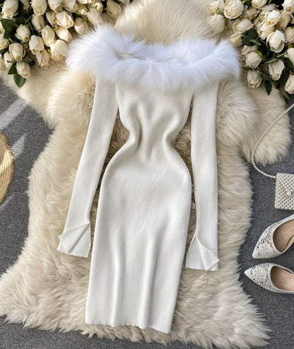Black/white/gray autumn and winter fashion new sexy off-shoulder fashion fur collar slim hip knitted dress 11281